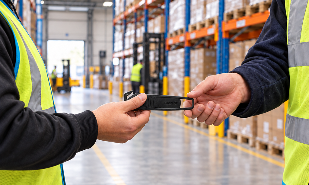 warehouse workers handing over a safety knife